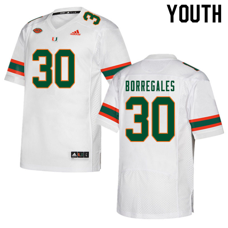 Youth #30 Jose Borregales Miami Hurricanes College Football Jerseys Sale-White - Click Image to Close